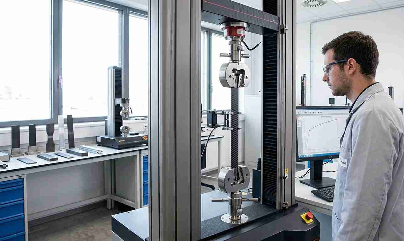 Universal testing machine performing tensile test on composite material specimen mechanical analysis