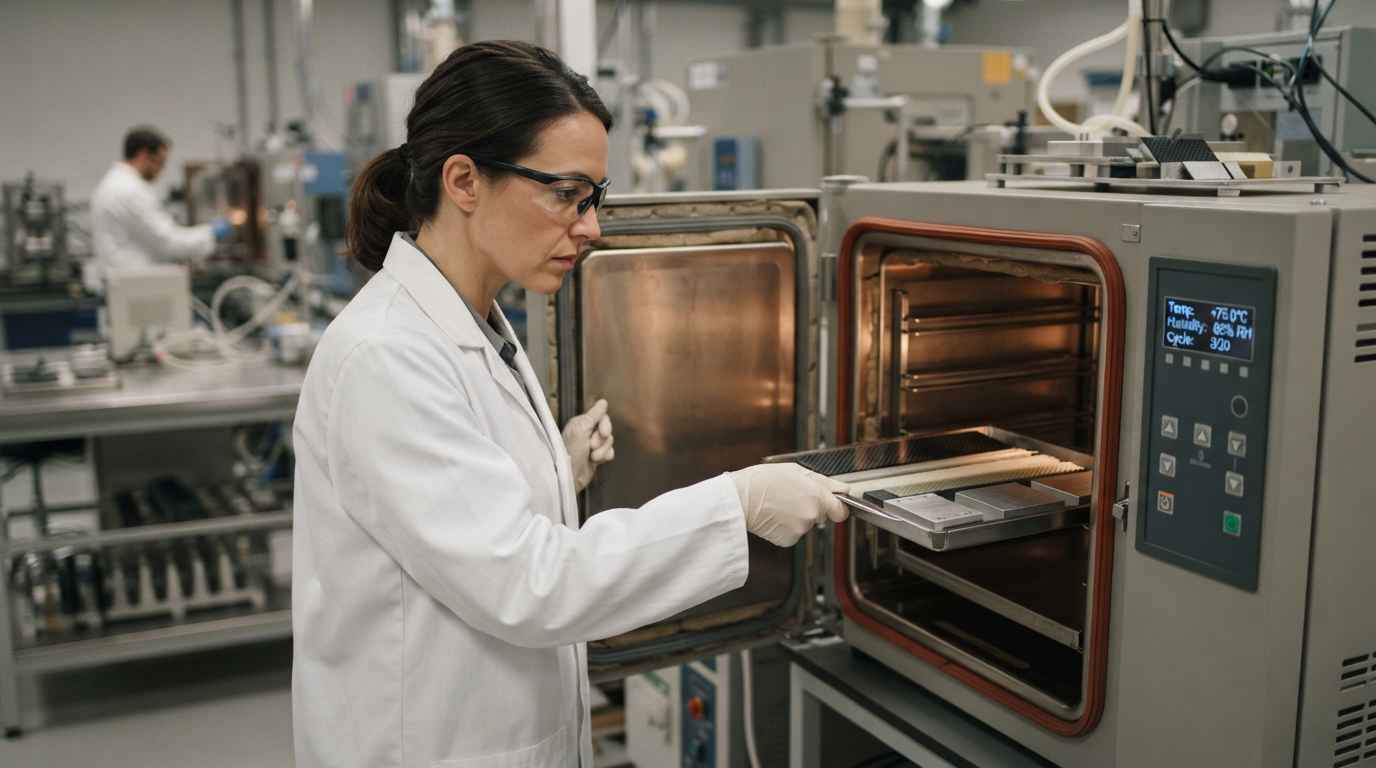 Materials R&D project, from the industrial problem to the test plan Technician loading coupons into an ageing chamber in the test plan of a materials R&D project