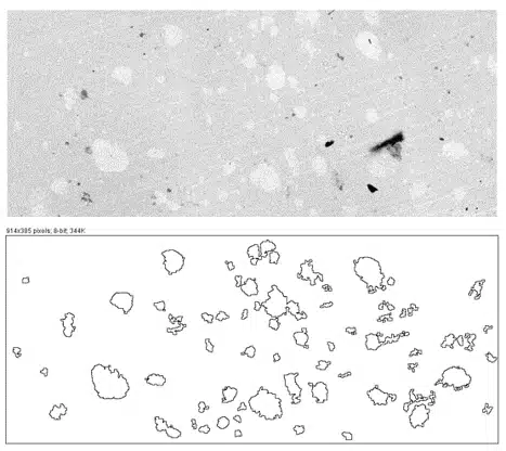 Reverse engineering of weather-resistant plastics Micrograph of a plastic surface and the particle outlines obtained by image analysis