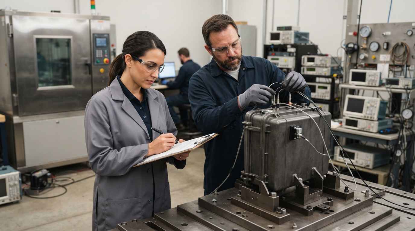 Análisis preventivo de fallos en defensa, ingenieros revisando un equipo ruggerizado sobre la mesa de vibración