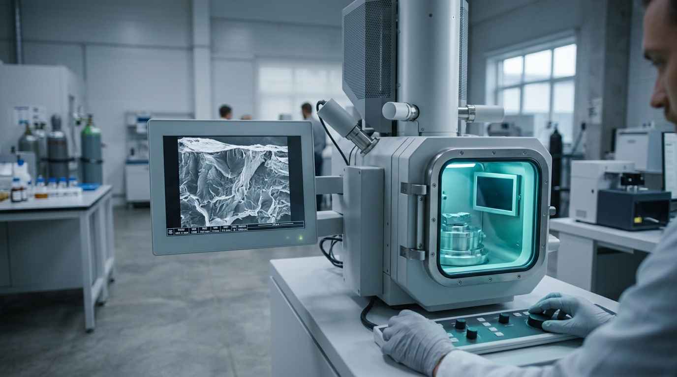 Técnico analizando una superficie de fractura en el microscopio electrónico de barrido