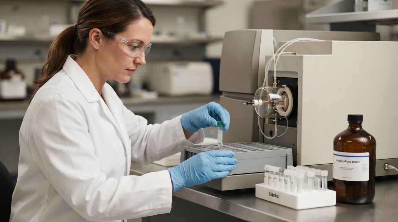 Análisis de contaminantes en la industria química y su origen Analista cargando los tubos de digestión en el automuestreador del espectrómetro de plasma, con la gradilla de blancos al lado