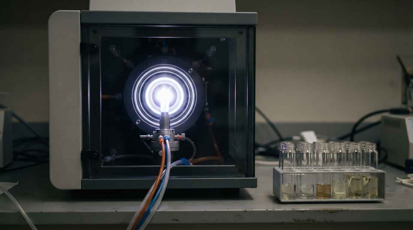 Cómo identificar una aleación, qué técnica usar en cada caso Antorcha de plasma de un ICP en funcionamiento junto a los viales de muestra digerida, la vía para medir trazas
