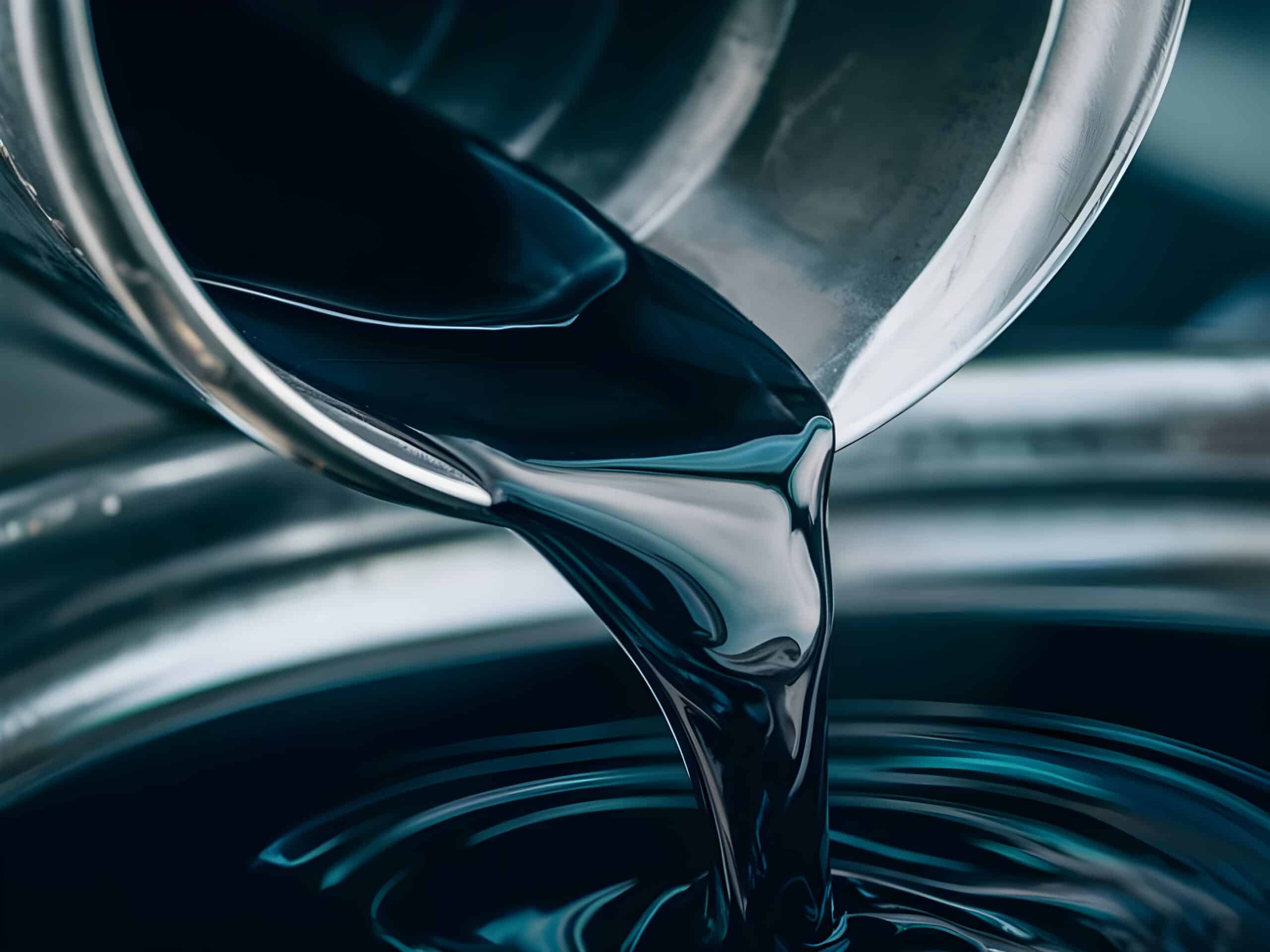 Industrial oil being poured into a container during laboratory testing to evaluate physicochemical properties.