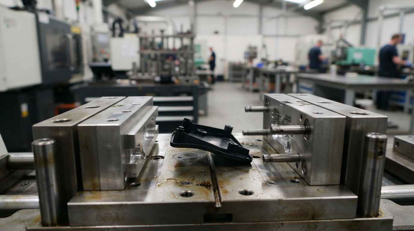 Prototyping technologies, how to choose for tolerance and cost Open aluminium bridge tool with the freshly demoulded injected part and the ejector marks visible on its back face