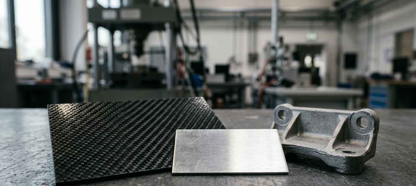 Materiales ligeros en automoción: cómo se caracteriza y valida un sustituto Ingeniero analizando un componente ligero de automoción para su caracterización
