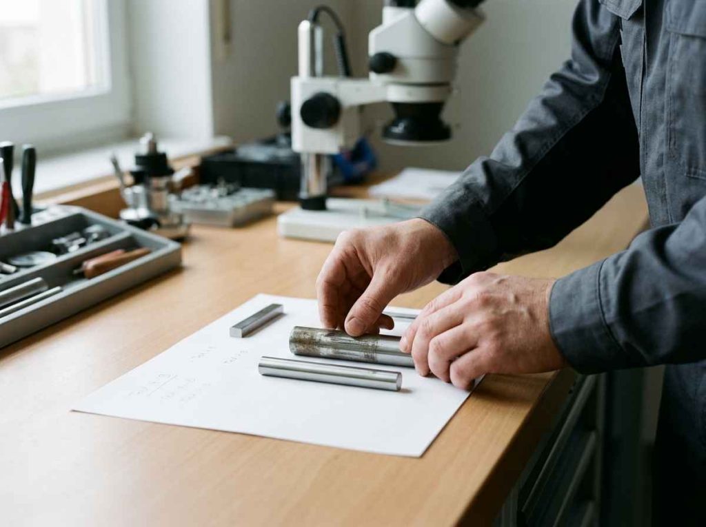 Selección de materiales y procesos de fabricación Técnico comparando el desgaste de dos probetas de acero tras un ensayo para elegir el material con mayor vida útil