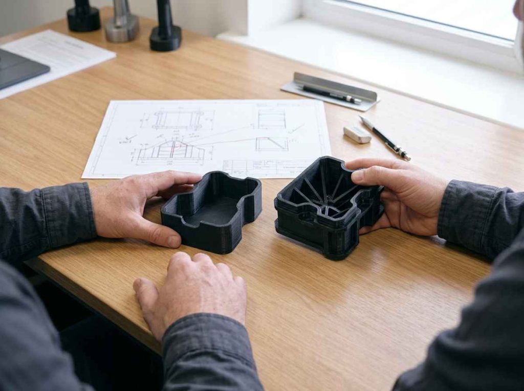 Análisis de riesgos de diseño Dos ingenieros comparan la versión original de una carcasa prototipo y la rediseñada con nervios de refuerzo tras el análisis de riesgos