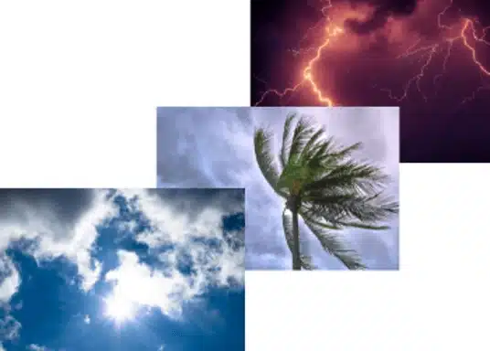 Reverse engineering of weather-resistant plastics Collage of storm, wind and sunlight, the outdoor conditions that degrade plastics