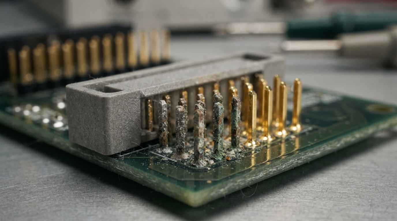 Materiales para electrónica con disipación térmica y protección frente a corrosión Detalle de un contacto electrónico con corrosión frente a otro en buen estado