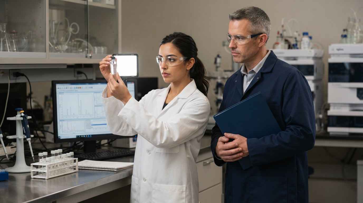 Contaminant analysis in chemical manufacturing and its source Contaminant analysis in chemical manufacturing, a quality manager and an analyst inspecting a vial from the affected batch