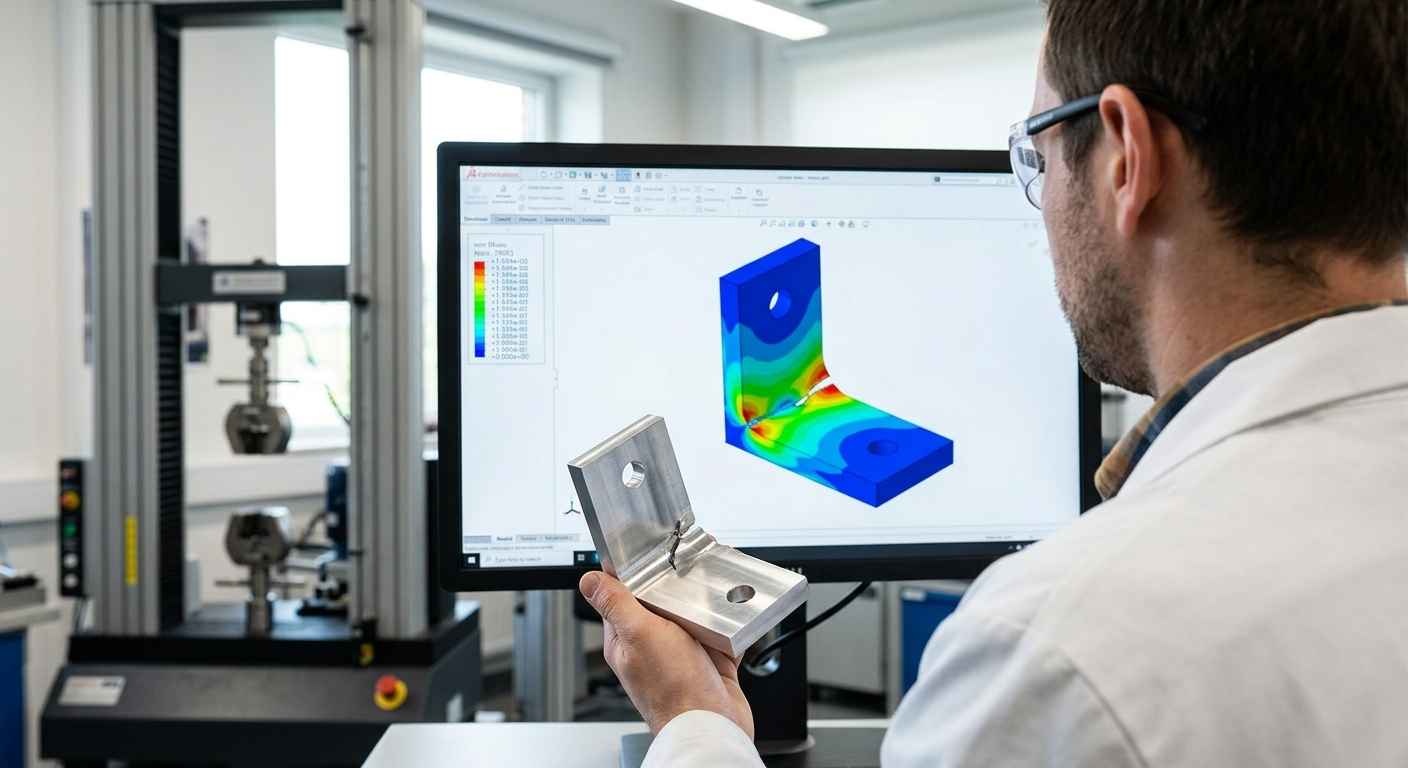 Cálculo estructural y simulación FEM: cuándo basta simular y cuándo hay que ensayar Ingeniero contrastando el mapa de tensiones FEM del monitor con la pieza física en la mano