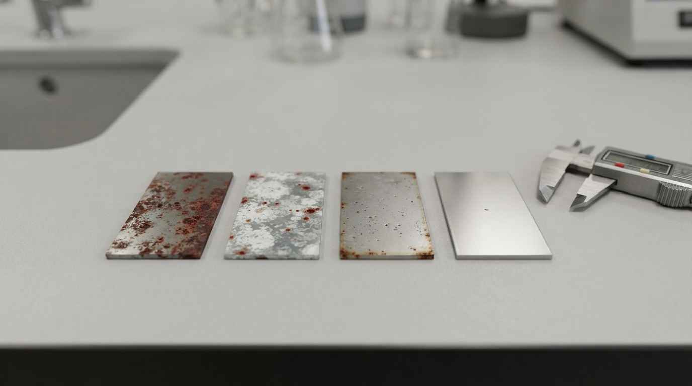Mechanical design for corrosive environments in marine, chemical and outdoor settings Coupons of different metals after the same corrosion test showing different resistance by material