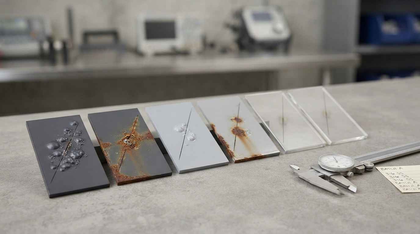 Coated coupons lined up after a salt spray test, showing clearly different behaviour depending on the treatment applied