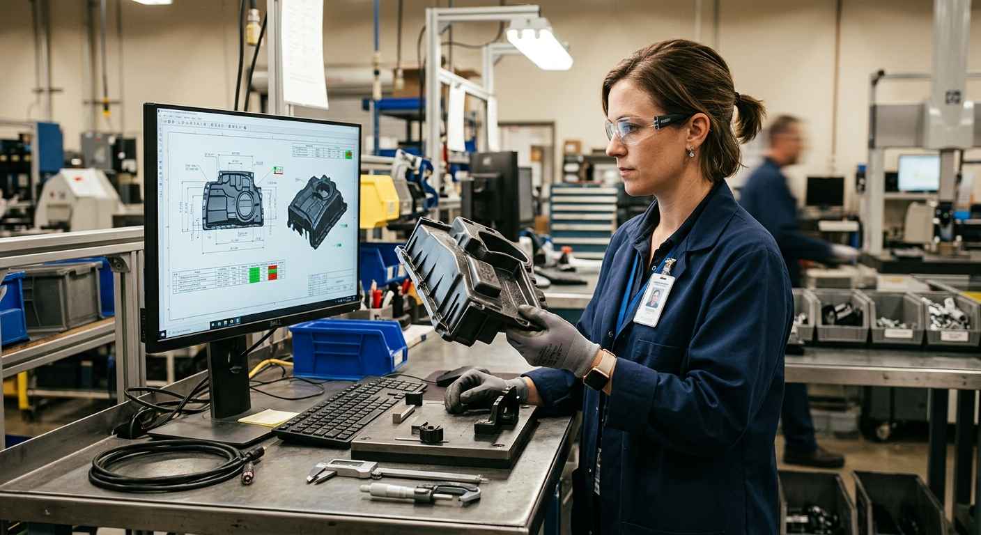 Defectos de inyección de plásticos y cómo evitar el rechazo de lote Técnica de laboratorio inspecciona un componente de plástico inyectado y lo compara con el informe dimensional para validar el lote.
