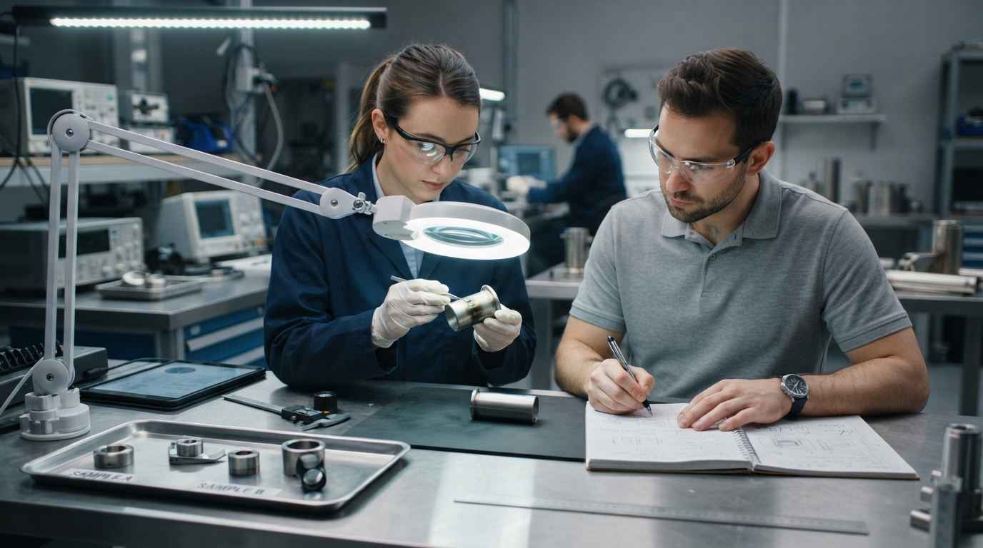 Defectos superficiales en metales: ingenieros revisando manchas en una pieza de acero inoxidable