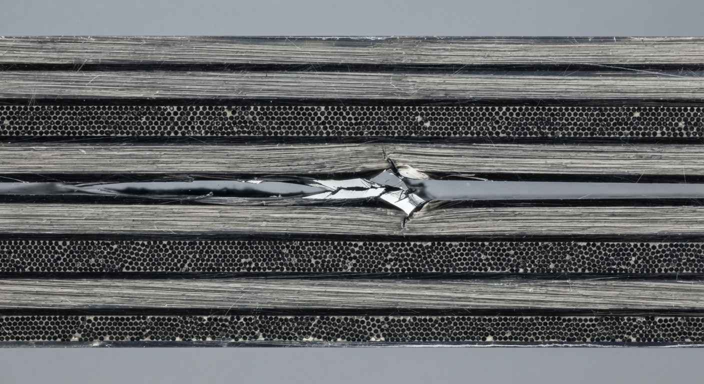 Ensayos de materiales compuestos: delaminación, cizalladura interlaminar y contenido de fibra Corte metalográfico de un laminado compuesto con delaminación visible entre capas