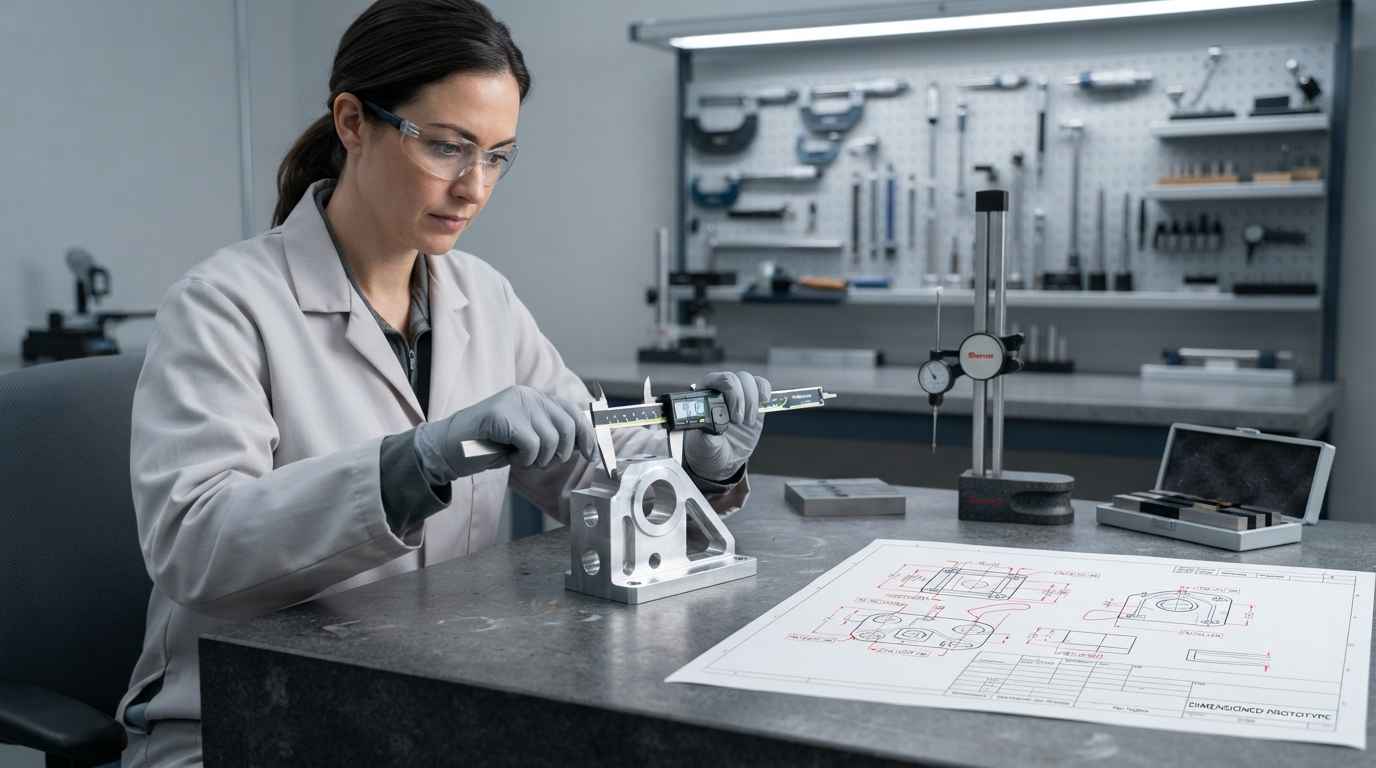 Prototyping technologies, how to choose for tolerance and cost Laboratory technician measuring the functional dimensions of a machined prototype with a caliper on the inspection table