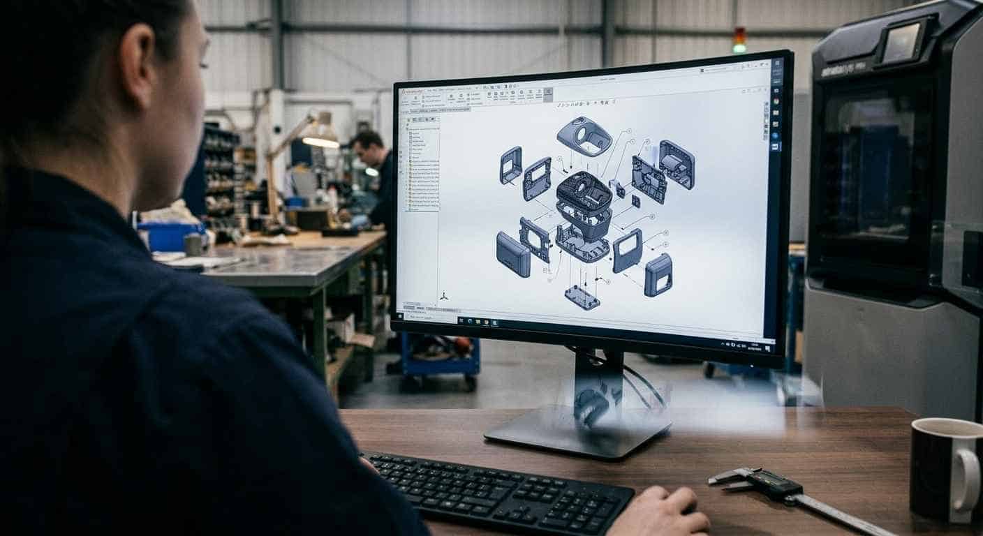 Conceptualización, desarrollo de producto electrónico y prototipado para llevar una idea a industrializar Despiece 3D en CAD de la carcasa del producto electrónico durante el diseño mecánico