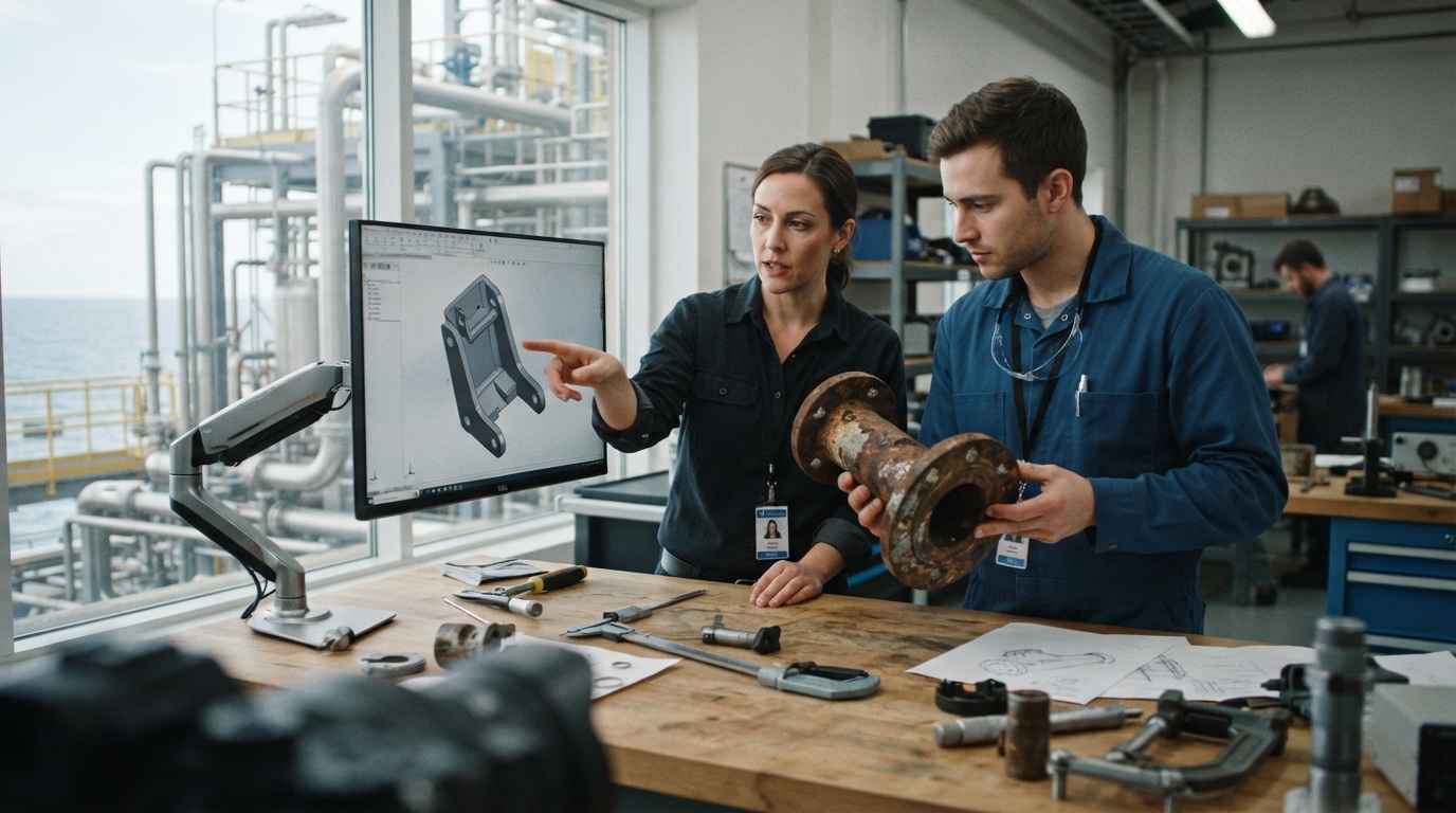 Diseño mecánico para ambientes corrosivos en marina, química y exterior Ingenieros revisando un diseño para ambiente corrosivo junto a un componente de acero corroído