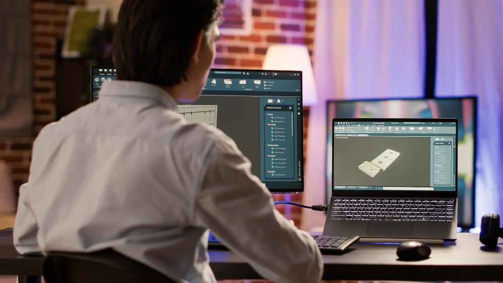 Ingeniera trabajando con software CAD para analizar diseño y seleccionar materiales en un componente industrial