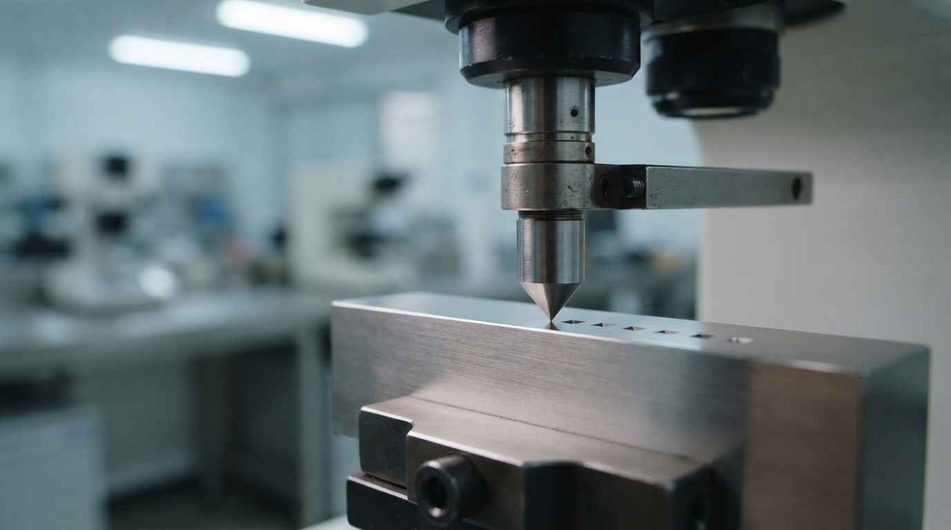 ¿Cómo se verifica un tratamiento térmico con ensayos de dureza y metalografía? Durómetro Vickers midiendo el perfil de dureza de un acero templado para verificar el tratamiento térmico