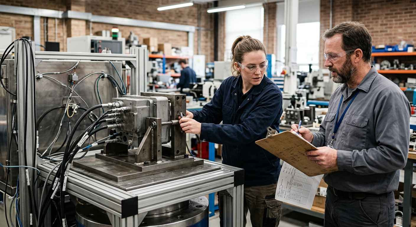 Dos ingenieros preparan un ensayo a medida en laboratorio, ajustando el montaje de un componente para reproducir su condición real de servicio.