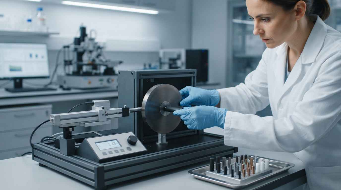 Técnica de laboratorio preparando un ensayo de desgaste por deslizamiento con el contramaterial real de la aplicación