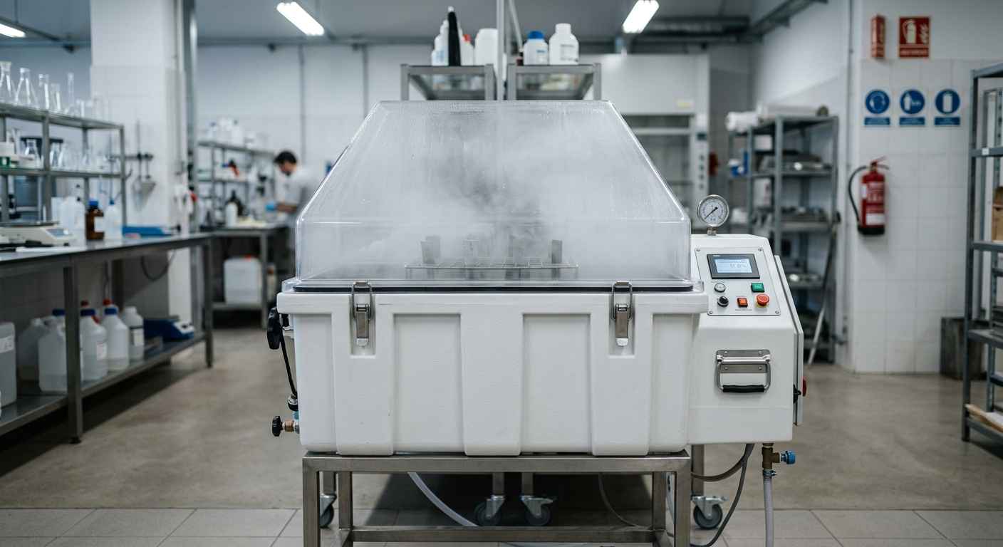 Cámara de ensayo de niebla salina en un laboratorio