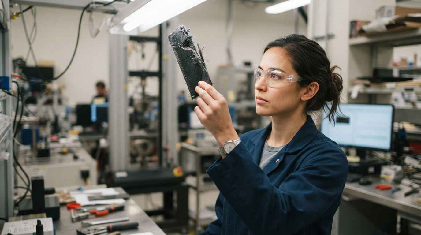 Ensayos de materiales compuestos: delaminación, cizalladura interlaminar y contenido de fibra Ingeniera examinando la delaminación de una probeta de fibra de carbono en laboratorio