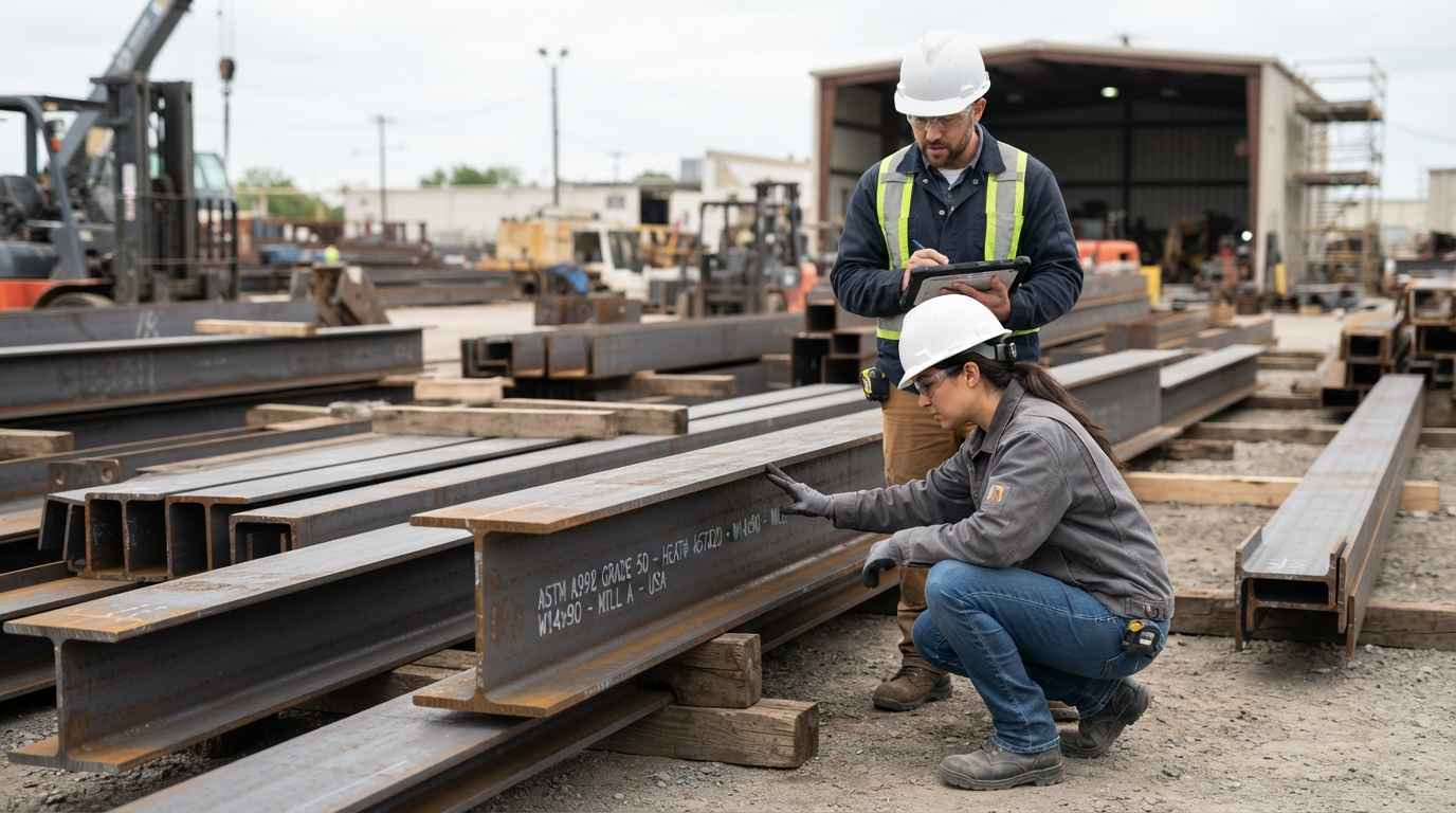 Ensayos de recepción del acero estructural, qué comprobar antes de la obra Ensayos de recepción del acero estructural, dos ingenieros comprobando el marcado de laminación de un perfil antes del montaje