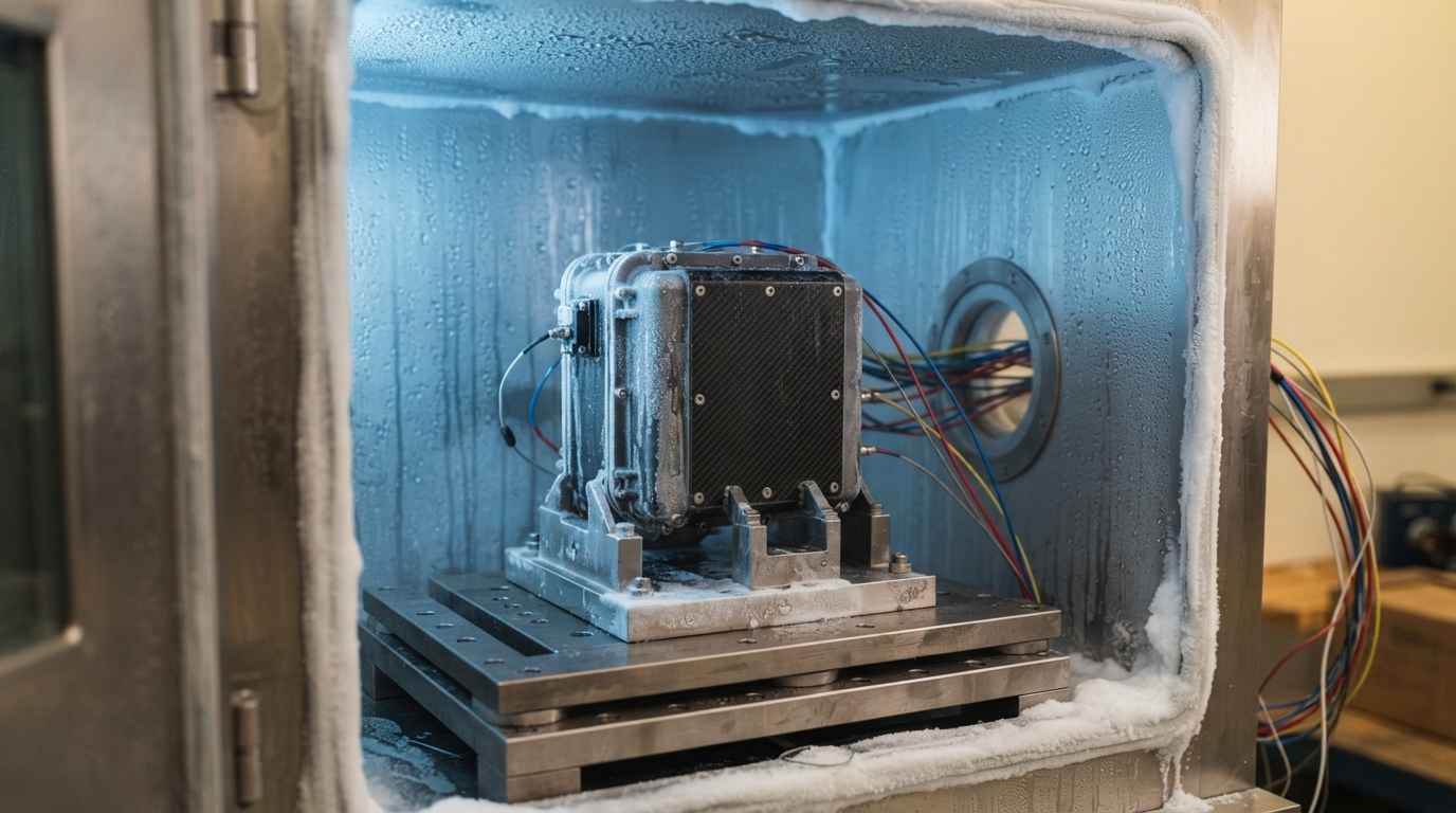Sealed component inside an environmental chamber after a thermal shock cycle, with condensation visible on the housing
