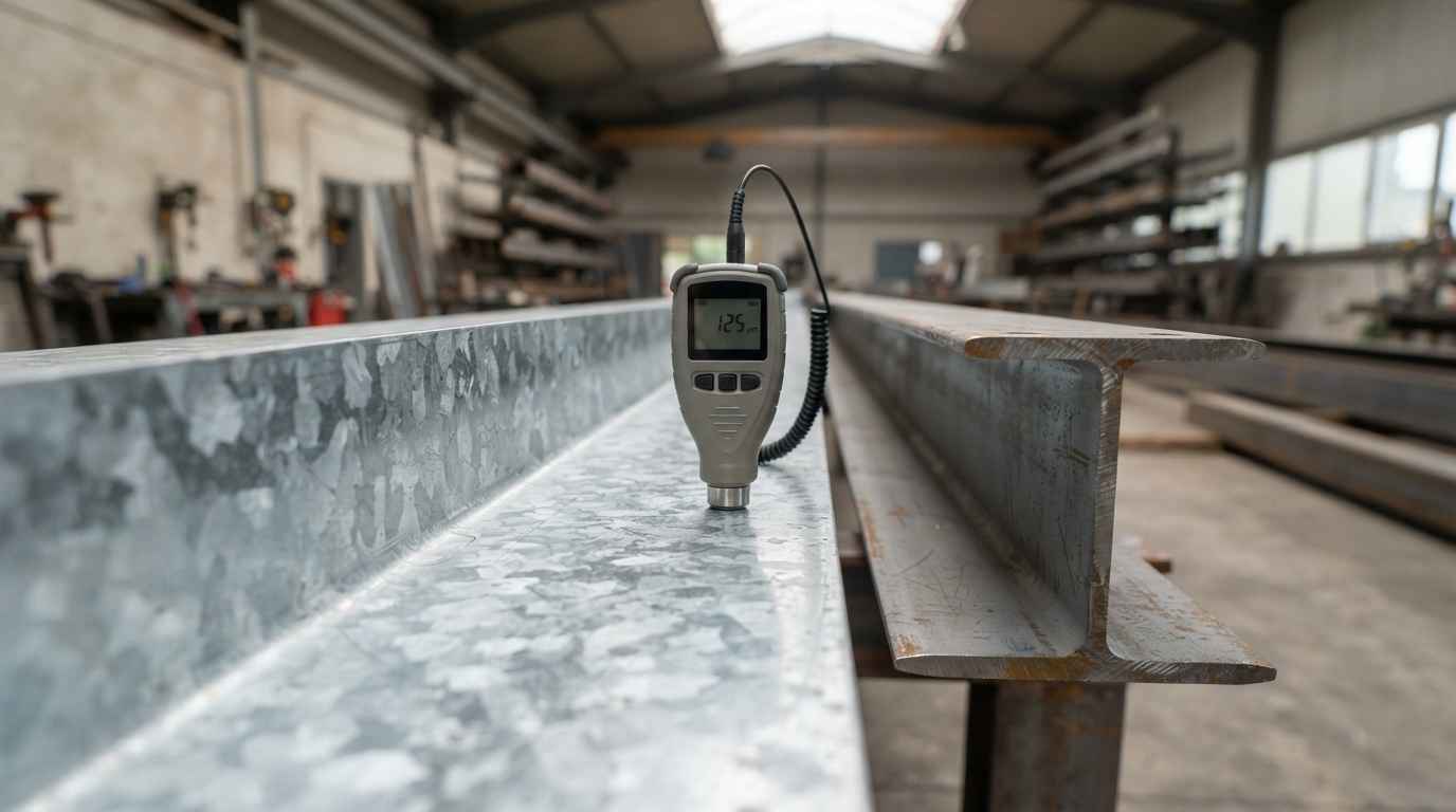 Ensayos de recepción del acero estructural, qué comprobar antes de la obra Medición del espesor del galvanizado sobre una viga de acero estructural con un equipo portátil antes del montaje