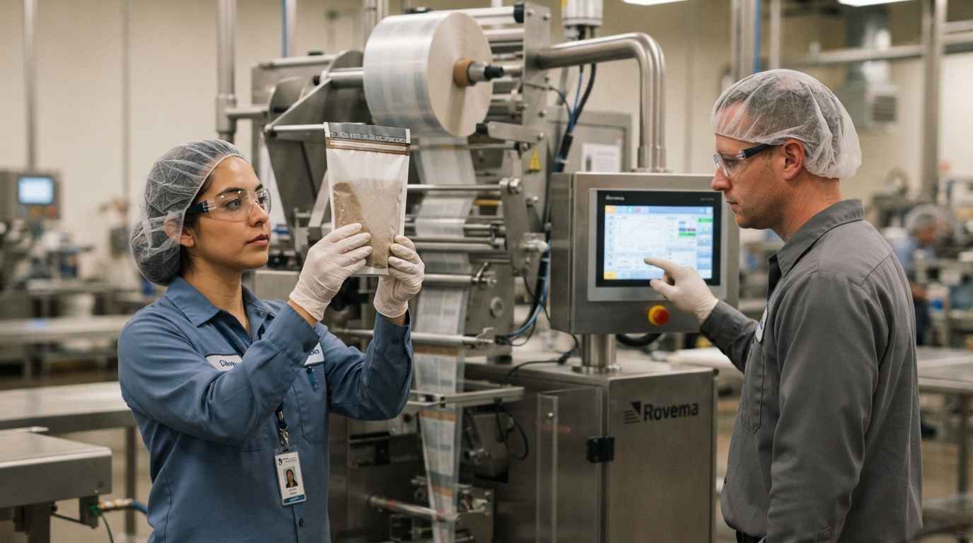 Fallos de sellado en envasado: cómo reducir mermas y reclamaciones de línea Optimización del proceso de envasado: ingenieros revisando el sellado de un envase flexible en la línea