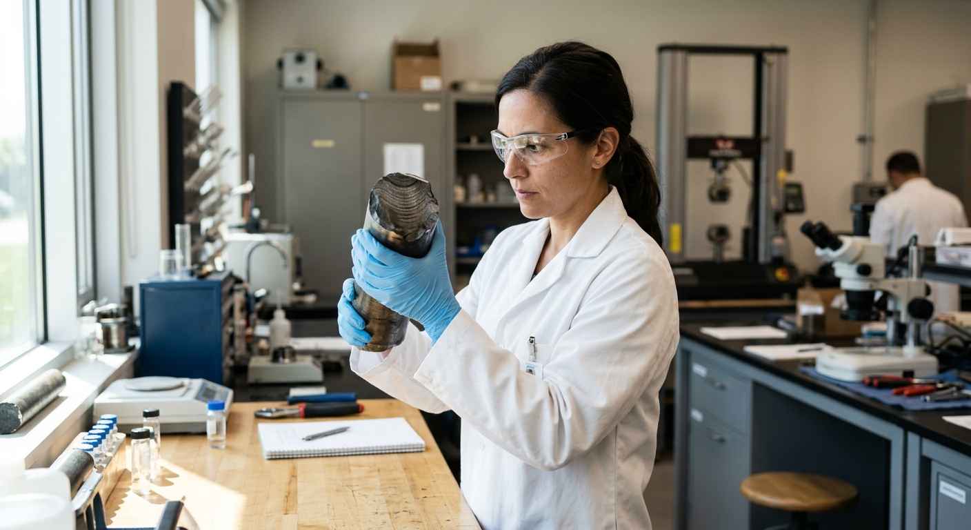 Static failure vs fatigue in design: sizing for cyclic loads Materials engineer in a lab coat and safety glasses examining the fatigue fracture surface of a broken steel shaft in the laboratory