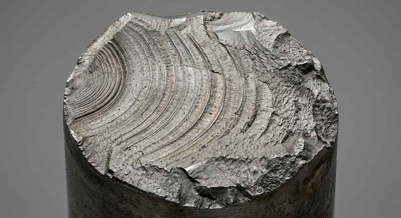 Static failure vs fatigue in design: sizing for cyclic loads Fatigue fracture surface of a steel shaft showing the concentric beach marks and the final overload fracture zone