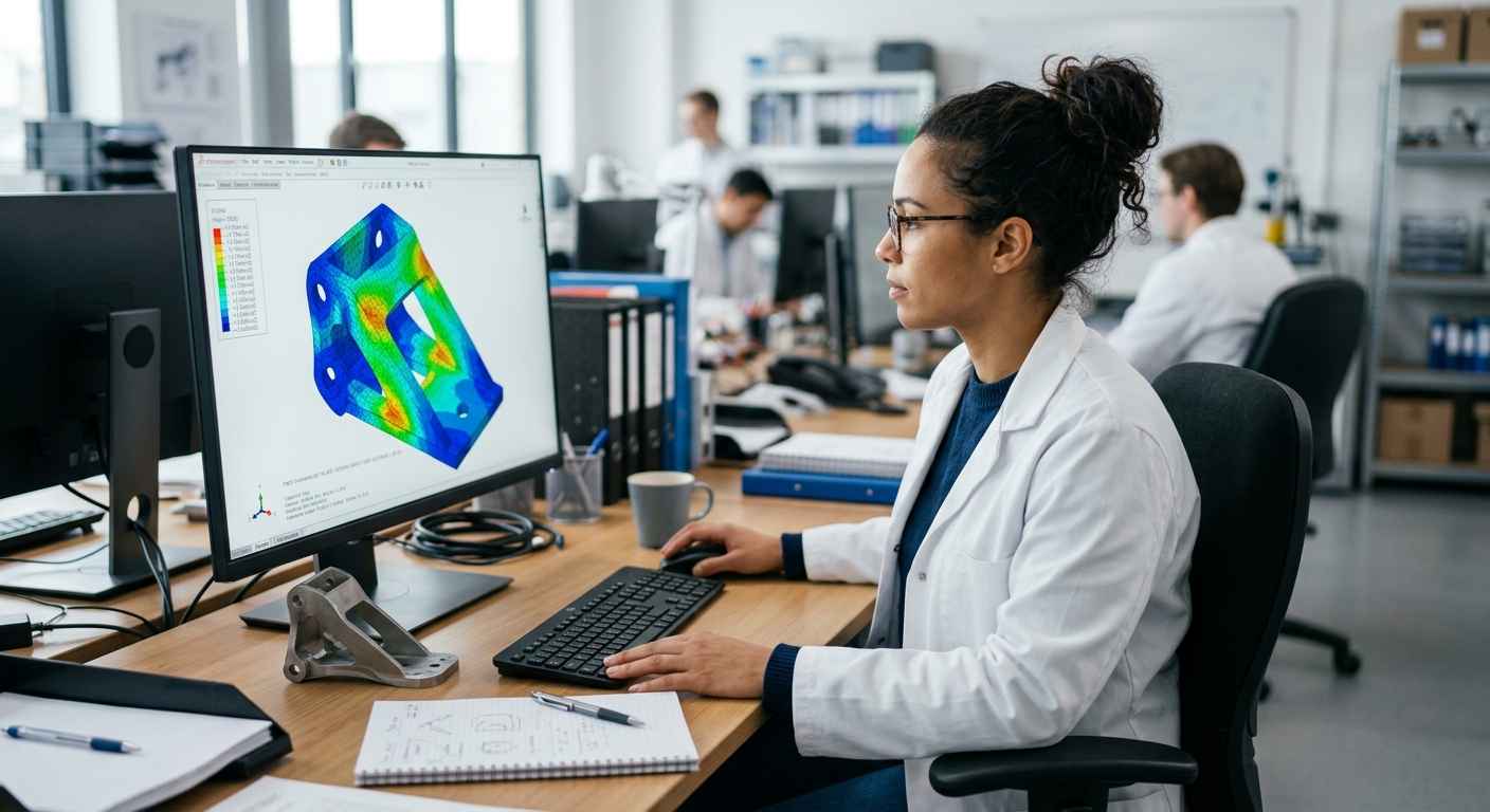 Structural analysis and FEM simulation: when simulation is enough and when you must test Engineer studying the finite-element stress map of a metal bracket on a monitor
