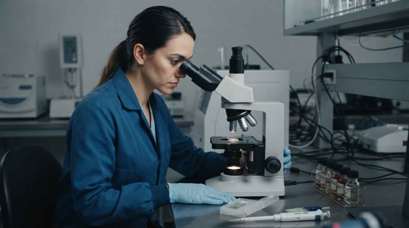 Used oil analysis and the maintenance decision behind each test Laboratory technician examining wear particles deposited on a ferrography slide under the optical microscope in the laboratory