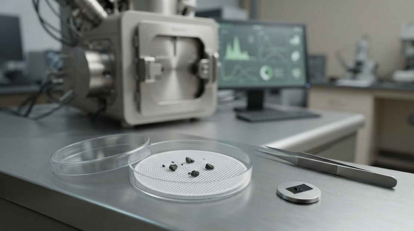 Contaminant analysis in chemical manufacturing and its source Filter membrane holding the particles isolated from the batch, prepared beside the chamber of the scanning electron microscope
