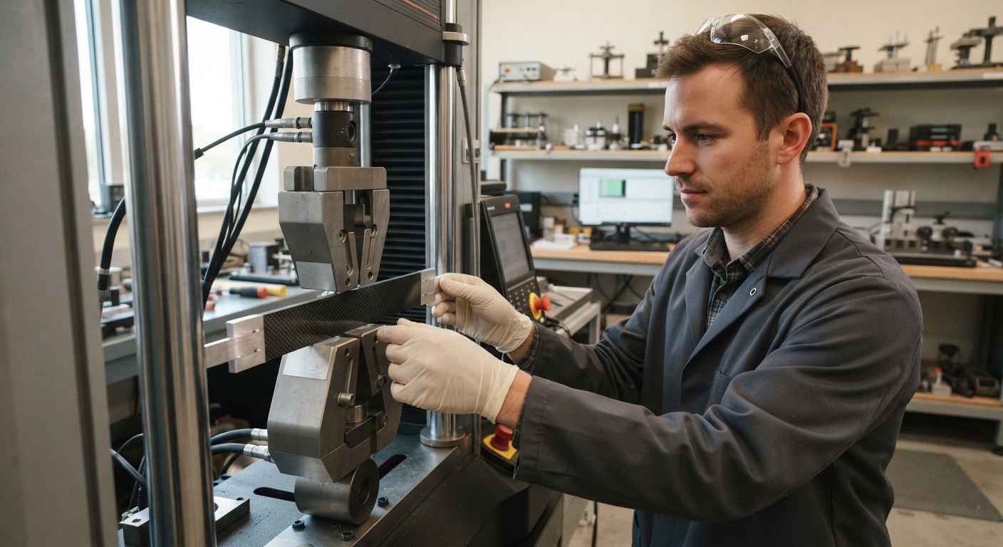 Composite materials testing: delamination, interlaminar shear and fibre content Technician setting up a composite specimen for a flexural test in a universal testing machine