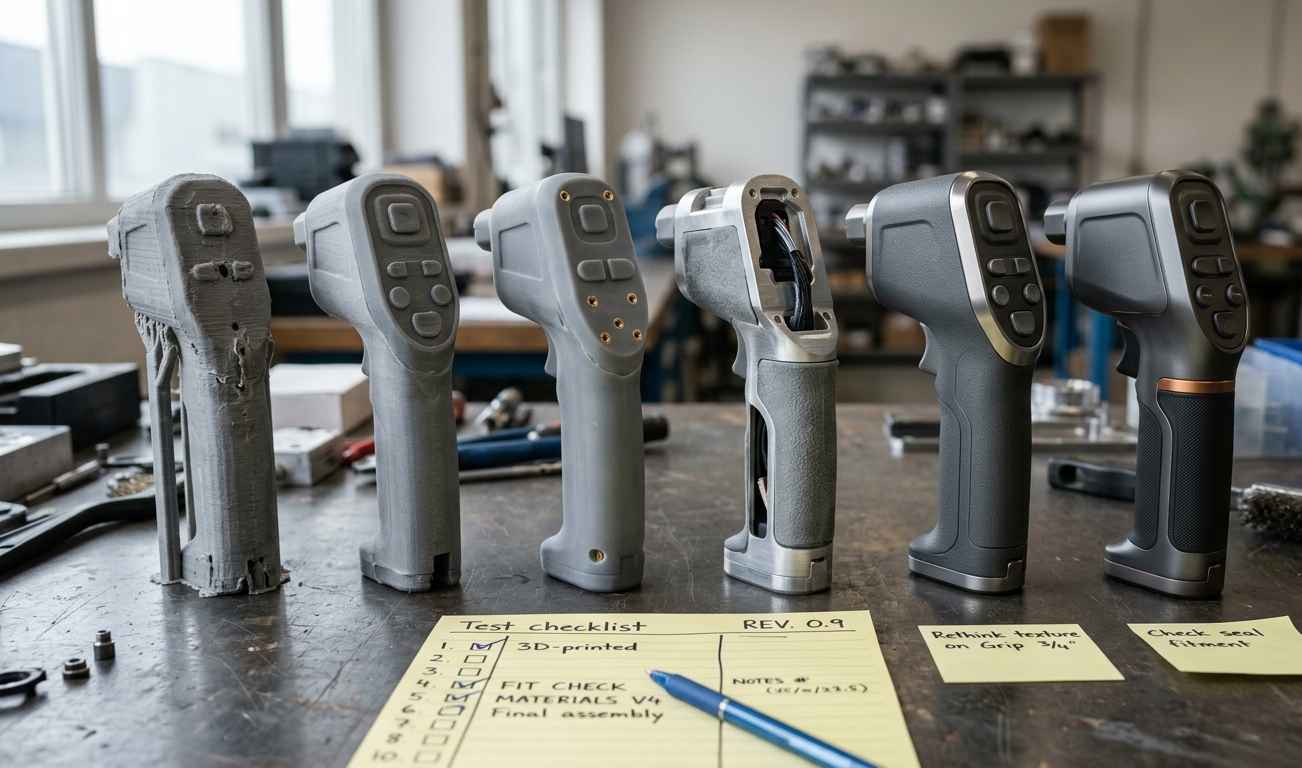 What does (and doesn't) a functional prototype validate? Mistakes that inflate development cost Functional prototype on a workbench next to CAD drawings