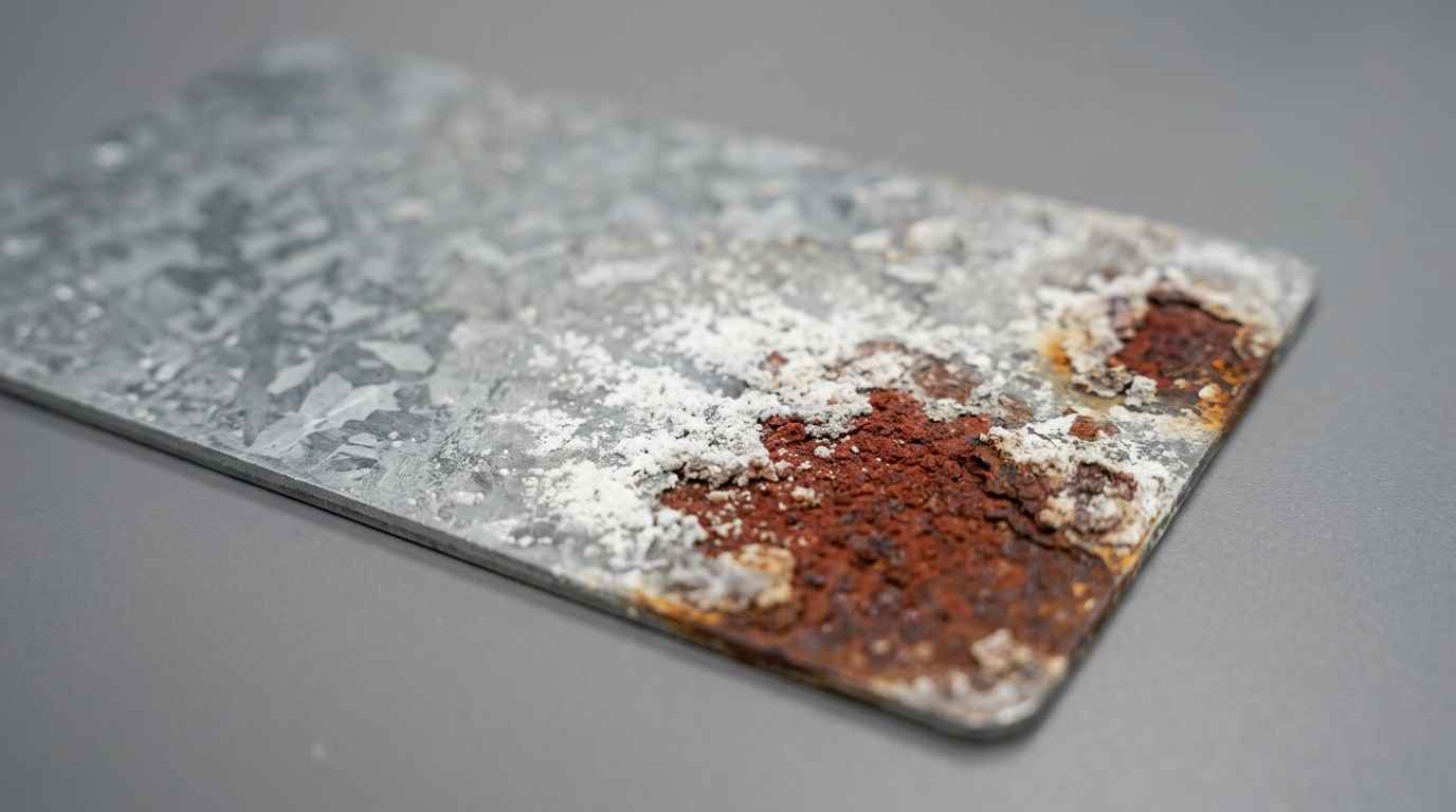 What does the salt spray test simulate and how are exposure hours interpreted? Galvanised steel panel with partly corroded coating