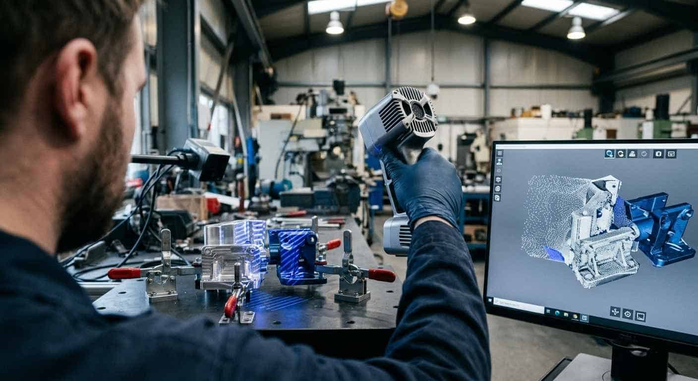 Handheld 3D scanner generating the point cloud and CAD model of the parts on screen