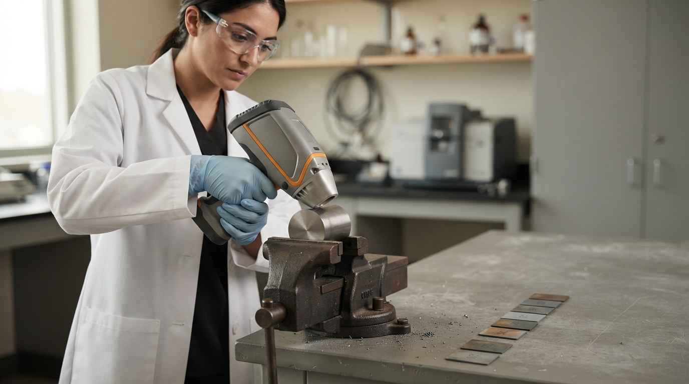 Alloy identification, which technique to use in each case Laboratory technician resting a handheld X-ray fluorescence analyser on a metal part to read its alloying elements