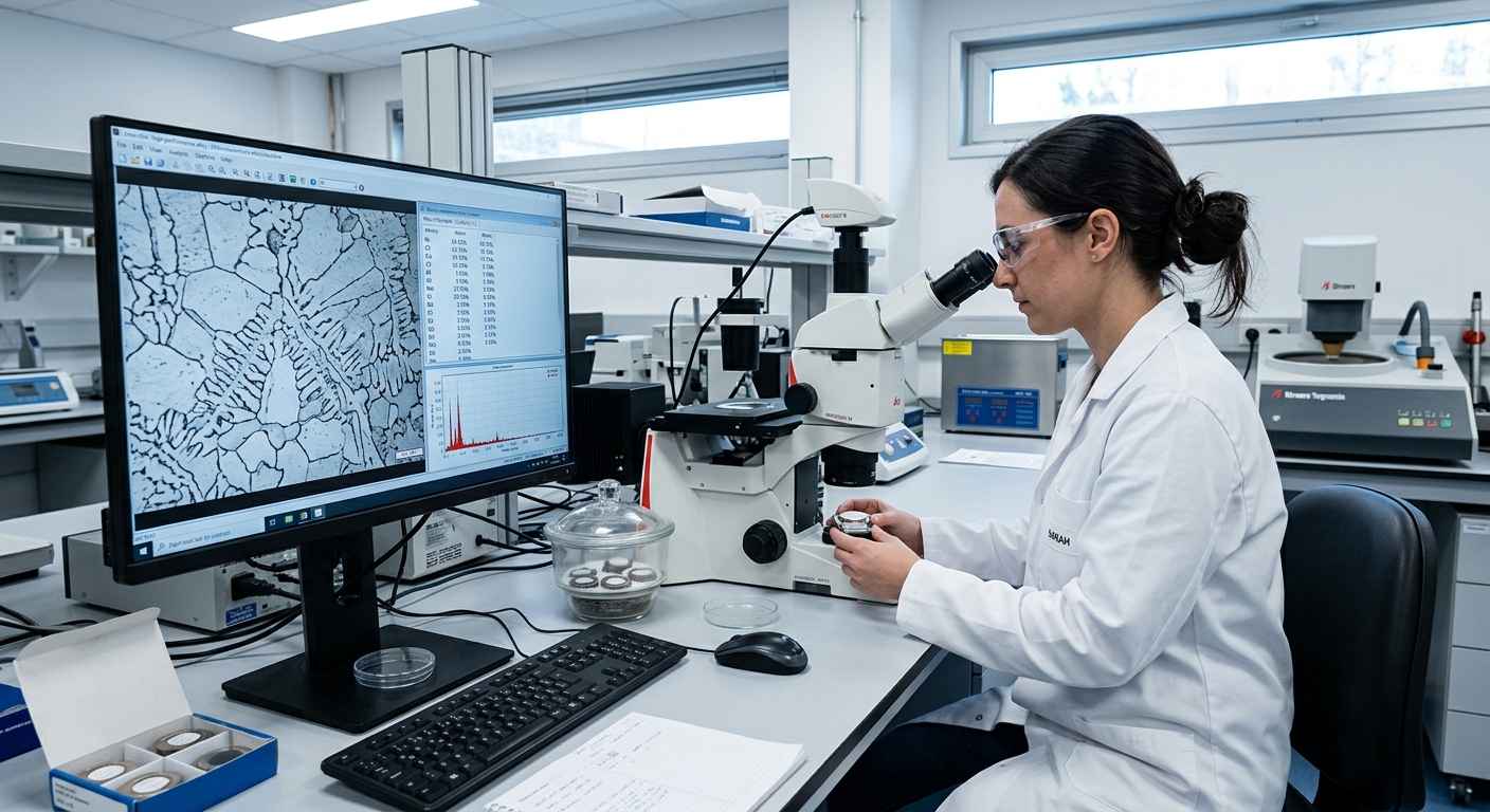 High-performance materials analysis for the defense sector Laboratory technician observes the microstructure of a high-performance alloy under the microscope with the composition analysis on screen.