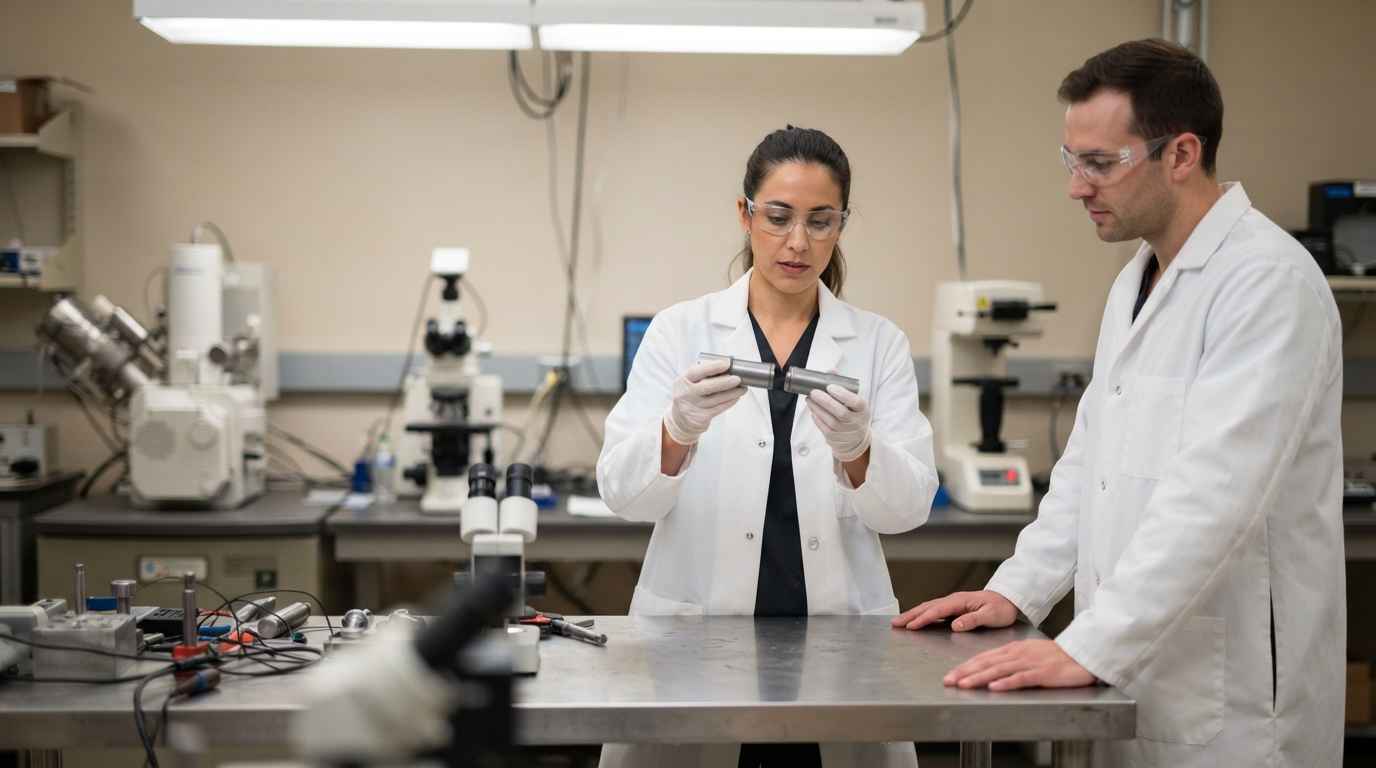 Identificar una aleación, una ingeniera comparando dos piezas metálicas sin marcar antes de elegir la técnica analítica
