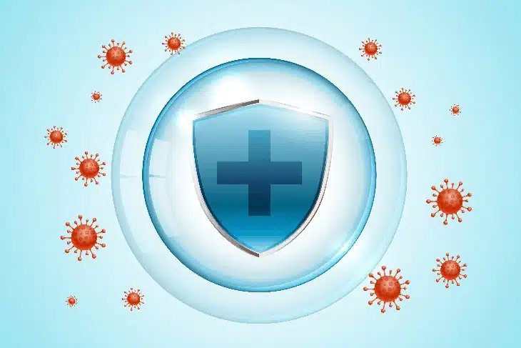 Characterization of antimicrobial properties of surfaces Illustration of an antimicrobial shield surrounded by bacteria