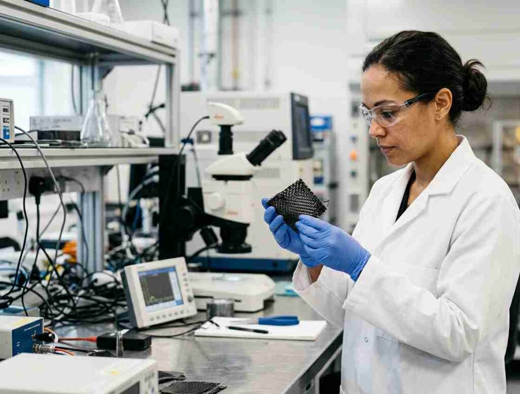 Ingeniera analiza una muestra en un proyecto de soluciones innovadoras en materiales