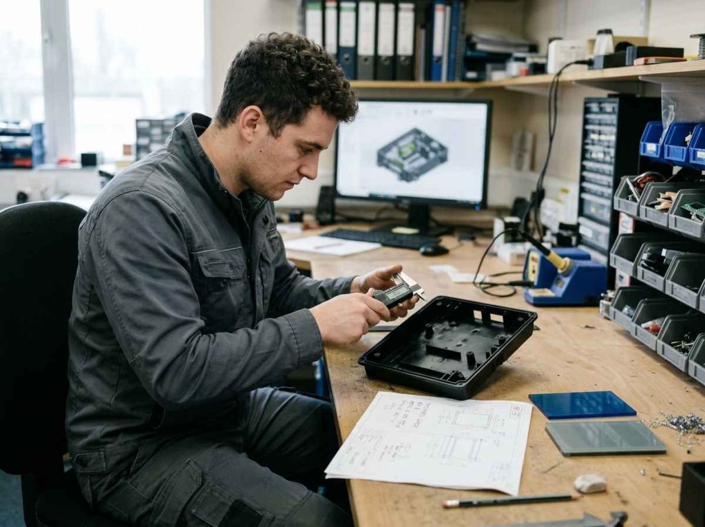 Selección de materiales y procesos de fabricación Ingeniero midiendo con un calibre digital una carcasa de plástico inyectado para comparar materiales y procesos candidatos