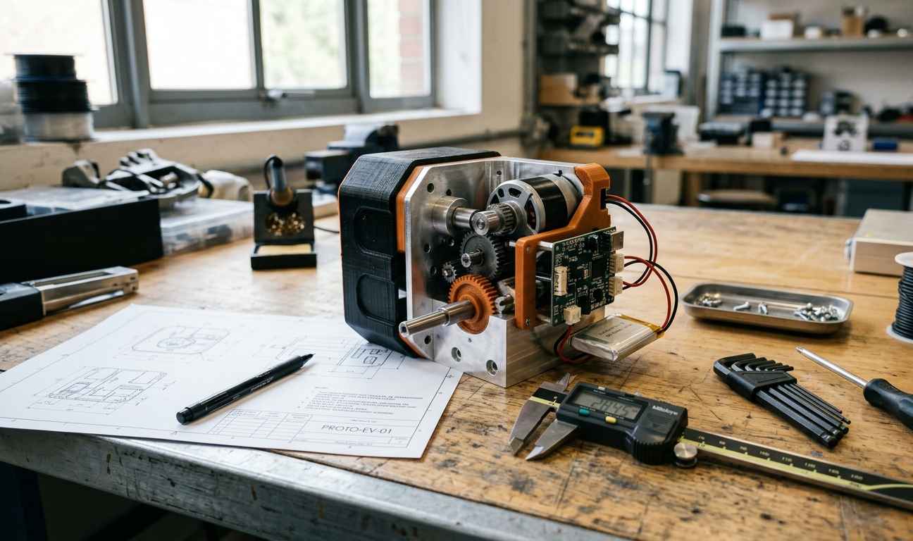 Ingeniero midiendo un prototipo funcional con un dinamómetro calibrado